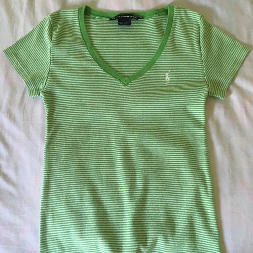 Kelly Green Stripe Ralph Lauren V-neck T-shirt